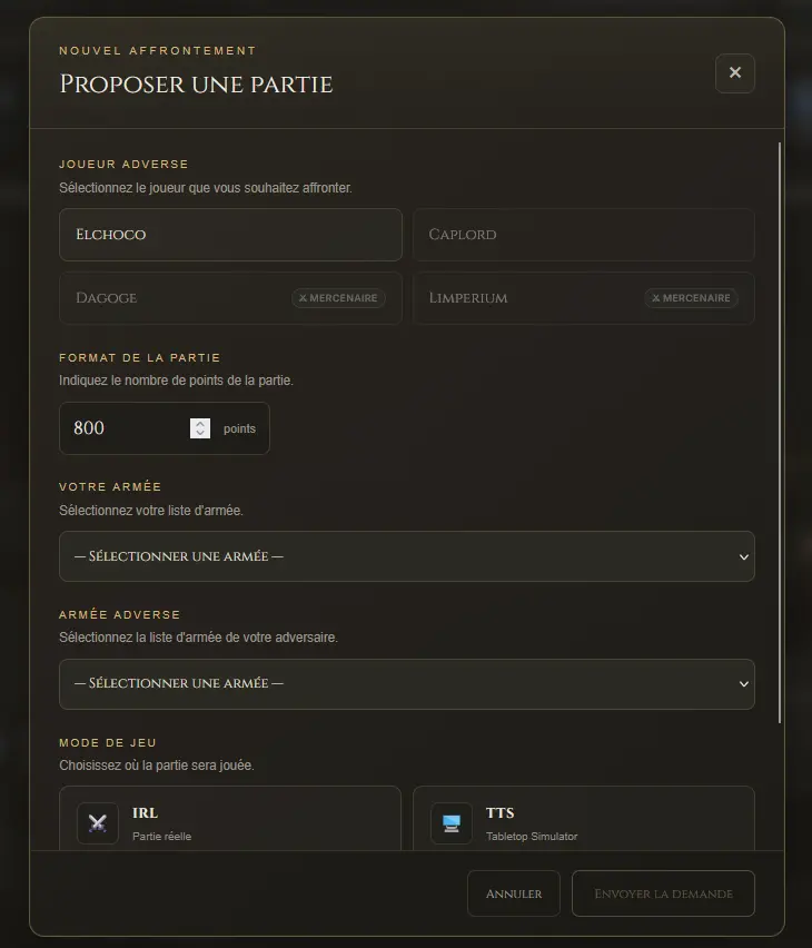 Capture de l'écran de proposition de partie